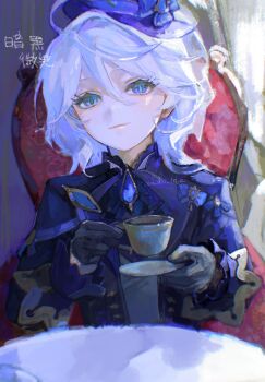 1girl absurdres ahoge armchair ascot asymmetrical_gloves black_ascot blue_ascot blue_eyes blue_gem blue_hair blue_hat blue_jacket blush breasts chair cowlick cup drop-shaped_pupils furina_(genshin_impact) gem genshin_impact gloves hair_between_eyes hat heterochromia highres holding holding_cup jacket long_sleeves looking_at_viewer mismatched_gloves mismatched_pupils multicolored_hair on_chair ouji_fashion plate saucer short_hair sitting small_breasts smile solo streaked_hair symbol-shaped_pupils table teacup tehettenandayo top_hat white_gloves white_hair