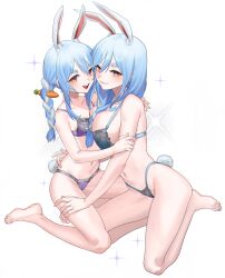 Rule 34 | 1girl, 2girls, :d, absurdres, alternate costume, animal ear fluff, animal ears, blue bra, blue hair, blue panties, bow, bra, braid, braided ponytail, breasts, carrot hair ornament, double-parted bangs, eredhen, food-themed hair ornament, full body, hair between eyes, hair bow, hair ornament, highleg, highleg panties, highres, hololive, hug, lace, lace panties, lace trim, large breasts, lingerie, long hair, looking at viewer, mother and daughter, multicolored hair, multiple girls, open mouth, panties, pekomama, purple bra, purple panties, rabbit-shaped pupils, rabbit ears, rabbit girl, rabbit tail, red eyes, short eyebrows, sidelocks, sitting, small breasts, smile, streaked hair, symbol-shaped pupils, tail, teeth, thick eyebrows, twin braids, twintails, two-tone hair, underwear, underwear only, upper teeth only, usada pekora, virtual youtuber, wariza, white hair