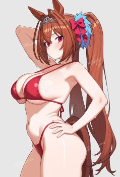1girl absurdres animal_ears arm_behind_head arm_up armpits artist_name bikini breasts brown_hair cleavage closed_mouth commentary commission crossed_bangs daiwa_scarlet_(umamusume) double-parted_bangs english_commentary grey_background hair_between_eyes hair_intakes hand_on_own_hip highleg highleg_bikini highres horse_ears horse_girl horse_tail large_breasts long_hair looking_at_viewer moursho red_bikini red_eyes simple_background solo string_bikini swimsuit tail tiara twintails twitter_username umamusume very_long_hair watermark