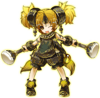 Rule 34 | 1girl, blonde hair, brown eyes, female focus, horns, one eye closed, pixiv fantasia, pixiv fantasia 1, pointy ears, shiratama dango, single horn, solo, twintails, wink