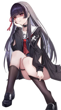 1girl adjusting_sock arm_cutout black_choker black_hair black_jacket black_shirt black_shoes chisa_(wuthering_waves) choker clothing_cutout collarbone commentary fingernails hair_ribbon highres invisible_chair jacket loafers long_hair looking_at_viewer nail_polish neckerchief open_clothes open_jacket parted_lips partially_shaded_face red_eyes red_nails red_neckerchief red_ribbon ribbon sailor_collar shengwr shirt shoes simple_background sitting solo thigh_strap thighs very_long_hair white_background white_sailor_collar wuthering_waves