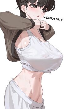 1girl absurdres black_eyes black_hair blush breasts brown_sweater clothes_pull commentary crop_top earrings english_commentary english_text eyelashes from_side hair_between_eyes highres huge_breasts jewelry mixed-language_commentary mole mole_on_breast mole_under_eye mole_under_mouth navel nipple_piercing no_bra open_clothes open_mouth original oversized_clothes piercing pixie_cut rene_(tagua) sagging_breasts short_hair simple_background solo sweater sweater_pull tagua tank_top thick_eyebrows very_short_hair white_background white_tank_top