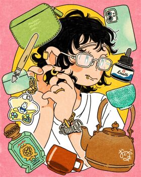 1girl adjusting_earrings black_hair blush_stickers border cellphone commentary curly_hair earrings face_piercing glasses highres jewelry lip_piercing looking_ahead o_ku_da_ma original phone piercing pink_border ring short_hair smartphone solo teapot upper_body watch wristwatch