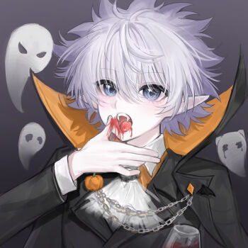 Rule 34 | 1boy, alcohol, alternate costume, alternate species, ascot, bishounen, black background, black cape, black jacket, blood, blood on face, blood on hands, blue eyes, cape, chain, chen no chen, cup, drinking glass, expressionless, facing viewer, fangs, hair between eyes, halloween, halloween costume, hand to own mouth, hand up, highres, hitodama, hunter x hunter, jacket, killua zoldyck, lapels, light blush, long sleeves, looking ahead, male focus, mystical high collar, notched lapels, open mouth, pale skin, pointy ears, pumpkin ornament, short hair, simple background, solo, spiked hair, suit jacket, teeth, tongue, upper teeth only, vampire, vampire costume, white ascot, white hair, wine, wine glass