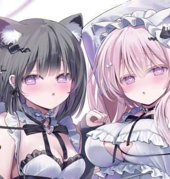 2girls ame_usari animal_ear_fluff animal_ears arm_up black_bow black_collar black_hair black_jacket blush bow breasts cleavage cleavage_cutout clothing_cutout collar commentary_request dress hair_between_eyes hair_ornament heart heart-shaped_pupils heart_cutout heart_hair_ornament highres jacket large_breasts long_hair long_sleeves looking_at_viewer medium_breasts multiple_girls original pink_hair puffy_long_sleeves puffy_sleeves purple_eyes sleeves_past_wrists spiked_collar spikes symbol-shaped_pupils upper_body white_dress winged_heart