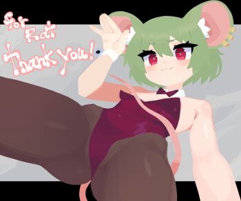 1girl :3 absurdres animal_ear_fluff animal_ears areola_slip armpit_crease bare_shoulders bow bowtie bright_pupils cameltoe commentary_request covered_navel detached_collar earrings english_text flat_chest from_below green_hair grey_background hand_up highres jewelry kuwagatanoomutu leotard letterboxed light_blush looking_at_viewer mouse_ears mouse_girl mouse_tail multiple_earrings original outside_border pantyhose red_bow red_bowtie red_eyes red_leotard short_hair solo tail tail_censor white_pupils white_wrist_cuffs wrist_cuffs