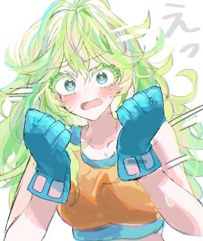 1girl blue_gloves blush boku_no_hero_academia colored_eyelashes commentary_request gloves hagakure_toru highres jkhada8ybj36753 long_hair multicolored_hair open_mouth orange_tank_top sweatdrop tank_top thick_eyelashes upper_body white_background