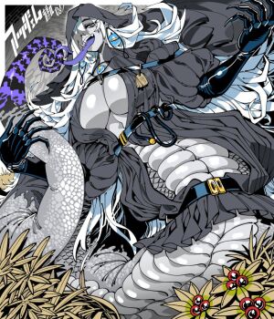 1girl belt black_gloves breasts colored_tongue commentary copyright_request earrings english_commentary fingernails flower forked_tongue gloves hair_over_one_eye hood human_head jewelry kafun lamia large_breasts long_fingernails long_hair long_sleeves long_tongue looking_at_viewer midriff monochrome_background monster_girl multicolored_hair multiple_piercings open_mouth partially_colored piercing purple_tongue scales sharp_fingernails sharp_teeth slit_pupils smile snake_girl snake_tail solo striped_skin tail teeth tongue tongue_piercing two-tone_hair very_long_tail