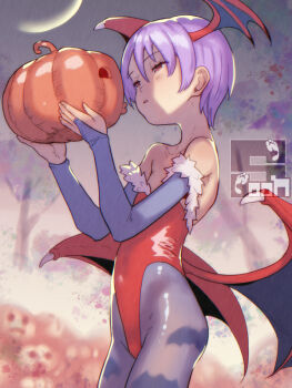 1girl animal_print artist_logo artist_name bare_shoulders bat_print blurry blurry_background blush bridal_gauntlets collarbone commentary cowboy_shot crescent_moon darkstalkers demon_girl demon_wings elbow_gloves flat_chest from_side gloves grey_pantyhose grey_sky half-closed_eyes halloween head_wings highleg highleg_leotard holding holding_pumpkin imminent_kiss jack-o&#039;-lantern leotard light_blush lilith_(darkstalkers) logo moon night pantyhose parted_lips print_pantyhose puckered_lips pumpkin purple_gloves purple_hair red_eyes red_leotard short_hair sky solo soon_(c-u-soon) standing strapless strapless_leotard tree very_short_hair wings