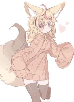 1girl animal_ear_fluff animal_ears black_streaks black_thighhighs blonde_hair brown_eyes choko_min corrupted_twitter_file double-parted_bangs expressionless foot_out_of_frame fox_ears fox_girl fox_tail hair_between_eyes heart highres hololive light_blush long_hair looking_at_viewer multicolored_hair omaru_polka orange_sweater pink_streaks simple_background sleeves_past_fingers sleeves_past_wrists solo standing standing_on_one_leg streaked_hair sweater tail thighhighs virtual_youtuber white_background zettai_ryouiki