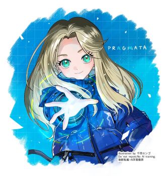 1girl android aqua_eyes blonde_hair blue_coat chisatosen5 closed_mouth coat commentary_request copyright_name diana_(pragmata) long_hair long_sleeves looking_at_viewer open_hand outstretched_arm padded_coat pragmata puffy_coat puffy_long_sleeves puffy_sleeves smile solo upper_body