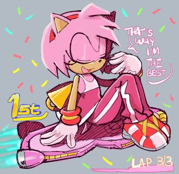 1girl 1her0 amy_rose amy_rose_(riders) animal_ears closed_eyes commentary confetti english_commentary english_text full_body furry furry_female gameplay_mechanics gloves hairband hand_up hedgehog_girl highres hoverboard open_mouth pants pink_fur pink_hair pink_pants pink_tank_top red_hairband red_shoes shoes short_hair sitting smile solo sonic_(series) sonic_riders_(series) speech_bubble tank_top track_pants trophy two-tone_tank_top white_gloves