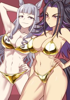 2girls bikini black_hair blunt_bangs breasts character_name cleavage commentary_request crossover fenomeno_(umamusume) gold_bikini gold_ship_(umamusume) grey_hair hand_on_own_hip highres multiple_girls red_eyes spiked_hair string_bikini swimsuit umamusume zasshu_nigou