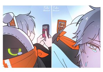 2boys 2others artist_name bandana bandana_around_neck bangboo_(zenless_zone_zero) black_shirt cellphone crossed_bangs devilboo_(zenless_zone_zero) enzo_(zenless_zone_zero) eous_(zenless_zone_zero) grey_hair holding holding_phone karlcoux korean_commentary looking_at_viewer meme multiple_boys multiple_others orange_bandana phone sad selfie shirt smartphone tears twitter_username wise_(zenless_zone_zero) zenless_zone_zero