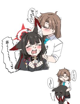 2girls animal_ear_fluff animal_ears asmr black_hair blue_archive brown_hair closed_eyes fainting fangs female_sensei_(blue_archive) fingerless_gloves fox_ears fox_girl gloves highres long_hair mikazukimo_478 multiple_girls sensei_(blue_archive) speech_bubble translation_request wakamo_(blue_archive) whispering white_background yuri