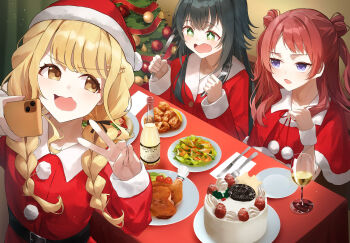 +_+ 3girls a_sayu absurdres alternate_costume blonde_hair blue_eyes braid cake capelet cellphone champagne_flute christmas_tree commentary_request cup dress drinking_glass food fork fujita_kotone gakuen_idolmaster green_eyes green_hair hanami_saki hat highres holding holding_fork holding_knife holding_phone idolmaster indoors knife long_sleeves looking_at_another looking_at_food merry_christmas multiple_girls phone re;iris_(idolmaster) red_capelet red_dress red_hair santa_costume santa_hat sitting smartphone tsukimura_temari twin_braids two_side_up v v-shaped_eyebrows yellow_eyes