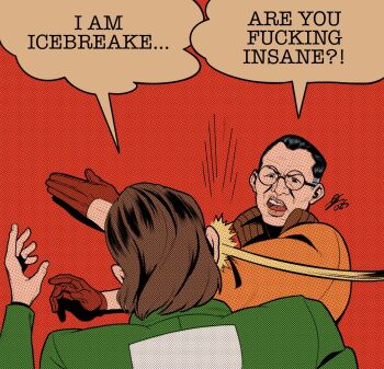 2boys batman_slap_(meme) ben-day_dots black_hair bomber_jacket brown_hair buzz_cut commentary dated disco_elysium english_commentary english_text glasses gloves green_jacket hands_up harry_du_bois highres jacket kim_kitsuragi meme motion_lines multiple_boys nurve26 orange_gloves orange_jacket parody profanity screentones short_hair signature slapping speech_bubble upper_body very_short_hair