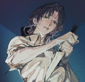 1girl biting_own_lip collared_shirt crying crying_with_eyes_open garofano_(path_to_nowhere) holding holding_knife knife path_to_nowhere purple_hair s_ha_wn shirt solo tears upper_body white_shirt