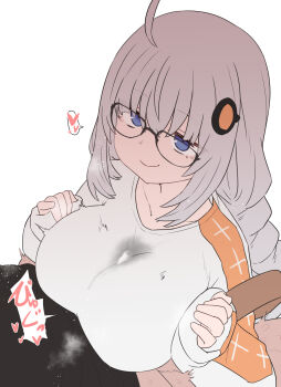 1boy 1girl a.i._voice ahoge black-framed_eyewear blue_eyes braid breasts closed_mouth cum cum_on_clothes glasses grey_hair heart highres kizuna_akari kizuna_akari_(a.i._voice) large_breasts long_hair long_sleeves paizuri paizuri_under_clothes simple_background smile spoken_heart sumiyao_(amam) voiceroid white_background