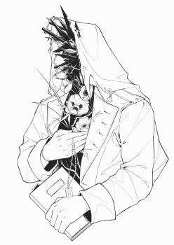 Rule 34 | 1boy, absurdres, carpe diem (23412545), charon (reverse:1999), coat, cropped torso, dog tags, flower, gloves, hand on own chest, highres, holding, holding dog tags, holding notebook, knife, lineart, male focus, notebook, object head, poppy (flower), reverse:1999, solo, thorns, upper body, veil, white background