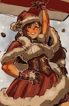 1girl arm_up artist_name black_hair box breasts capelet christmas christmas_present closed_eyes commentary cowboy_shot english_commentary final_fantasy final_fantasy_vii final_fantasy_vii:_ever_crisis fur-trimmed_capelet fur-trimmed_gloves fur-trimmed_headwear fur-trimmed_skirt fur_trim gift gift_box gloves hair_ornament hand_on_own_hip hat hat_ornament highres holding holding_box holding_gift holly_hat_ornament large_breasts long_hair low-tied_long_hair official_alternate_costume parted_lips pom_pom_(clothes) pom_pom_hair_ornament red_capelet red_hat red_skirt santa_costume santa_hat skirt sleeveless sleeveless_turtleneck smile solo sparkle strawderryst sweater tifa_lockhart tifa_lockhart_(fairy_of_the_holy_flame) turtleneck turtleneck_sweater white_sweater