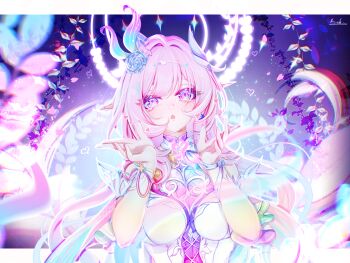 1girl absurdres bare_shoulders blowing_kiss breasts chinese_commentary commentary_request cyrene_(honkai:_star_rail) diamond-shaped_pupils diamond_(shape) dress flower frilled_sleeves frills hair_flower hair_ornament hands_up heart highres honkai:_star_rail honkai_(series) large_breasts leaf long_hair looking_at_viewer multicolored_hair pink_hair pointy_ears purple_eyes solo star_(symbol) su_you symbol-shaped_pupils upper_body very_long_hair white_dress wrist_flower