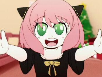 1girl animated anya's_heh_face_(meme) anya_(spy_x_family) bang barefoot black_dress box christmas christmas_tree cleft_of_venus cone_hair_bun dress english_text eyelashes female_focus finger_gun gift gift_box green_eyes hair_bun knees_up loli lying medium_hair mistletoe moderately_ashamed_(pixiv15714645) naked_ribbon neck_ribbon on_back on_floor one_eye_closed open_mouth pink_hair pussy red_ribbon ribbon smile smug spread_legs spy_x_family tagme toes uncensored video wink wooden_floor yellow_ribbon