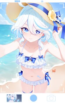 1girl absurdres beach bikini blue_eyes breasts closed_mouth collarbone commentary cowboy_shot drop-shaped_pupils english_commentary fake_phone_screenshot fake_screenshot felixkohai flower furina_(genshin_impact) genshin_impact hand_up hat hat_flower heterochromia highres looking_at_viewer medium_breasts navel ocean outdoors ruffle_bikini sand selfie solo sparkle stomach sun_hat swimsuit symbol-shaped_pupils taking_picture thigh_strap white_bikini yellow_flower yellow_hat