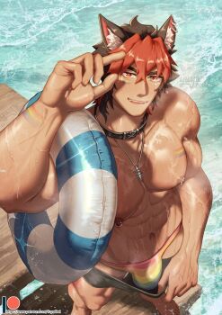 1boy abs animal_collar animal_ears bara brown_hair collar dog_ears fangs from_above highres jewelry komano_manato large_pectorals lgbt_pride looking_at_viewer male_focus male_swimwear multicolored_hair muscular muscular_male nipple_piercing nipples orange_eyes pectorals pendant piercing rainbow_flag rainbow_print red_hair scar scar_across_eye scar_on_arm scar_on_chest scar_on_face scar_on_shoulder solo standing summer swim_briefs swim_ring two-tone_hair water waves wet yuyaowl zenless_zone_zero