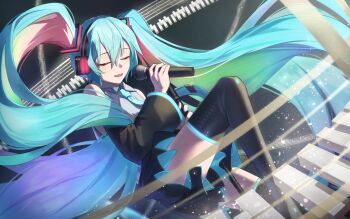 1girl aqua_hair aqua_necktie black_shoes black_sleeves boots closed_eyes collared_shirt colored_inner_hair commentary_request detached_sleeves grey_shirt hair_between_eyes hatsune_miku highres holding holding_microphone kis_sako long_hair long_sleeves microphone multicolored_hair necktie piano_keys rainbow_hair shirt shoes solo thigh_boots tie_clip twintails u_u very_long_hair vocaloid