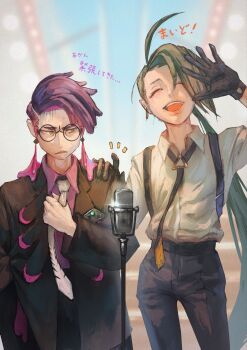 black_coat black_gloves black_pants brown_shirt closed_eyes coat collared_shirt corbeau_(pokemon) earrings eyewear_strap gloves green_hair hand_on_another&#039;s_shoulder highres jewelry mega_stone necktie neg_(101neg) nintendo open_mouth pants pokemon pokemon_legends:_z-a pokemon_sv ponytail purple_hair purple_shirt rika_(pokemon) round_eyewear shirt suspenders sweat white_necktie yellow_eyes