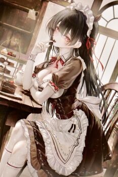 1girl absurdres alternate_costume animal_ears apron black_hair bow bowtie breasts brown_dress candy chisa_(wuthering_waves) chocolate chocolate_heart cleavage commentary dress english_commentary enmaided fake_animal_ears feet_out_of_frame fingernails food food_in_mouth from_side hair_ribbon heart heart-shaped_food highres horse_ears indoors large_breasts long_hair looking_at_viewer maid maid_headdress mole mole_under_eye official_alternate_costume red_bow red_bowtie red_eyes red_ribbon renoahh ribbon sitting socks solo very_long_hair white_socks wuthering_waves