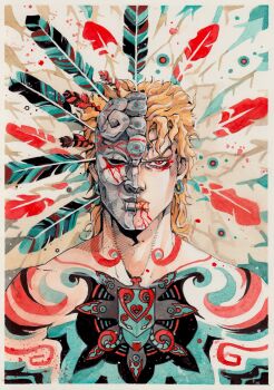 1boy absurdres araki_hirohiko_(style) aztec_(style) blonde_hair blood blood_from_mouth blood_on_face blood_on_mask bodypaint commentary dio_brando earrings english_commentary eyeliner fang feathers hatching_(texture) highres jewelry jojo_no_kimyou_na_bouken makeup male_focus one_eye_closed painting_(medium) red_eyeliner red_eyes solo stand_(jojo) stardust_crusaders stone_mask_(jojo) tattoo the_world traditional_media watercolor_(medium) xfkart