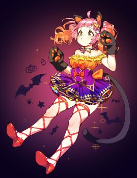 1girl absurdres ahoge animal_ears animal_hands animal_print back_bow bat_print black_gloves blunt_bangs bow breasts candy_hair_ornament cat_ears cat_tail collarbone commentary dark_background dress expressionless fake_animal_ears fake_tail food-themed_hair_ornament frilled_dress frills ghost ghost_hair_ornament gloves gradient_hair hair_ornament hairclip hands_up highres leg_ribbon legs long_hair looking_afar love_live! love_live!_nijigasaki_high_school_idol_club love_live!_school_idol_festival_all_stars multicolored_hair off_shoulder official_alternate_costume official_alternate_hair_length official_alternate_hairstyle orange_hair paw_gloves pink_hair pump purple_dress red_bow red_footwear red_ribbon ribbon sidelocks small_breasts solo sparkle star_(symbol) strapless strapless_dress tail tennoji_rina thigh_ribbon thighs toadsterz twintails wavy_hair yellow_eyes