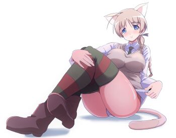 1girl animal_ears blue_eyes blush braid brown_cardigan brown_hair brown_shoes cardigan cat_ears cat_tail clothes_pull collared_shirt commentary_request green_necktie green_thighhighs highres long_hair looking_at_viewer lynette_bishop mirage4000000 multicolored_thighhighs necktie panties red_thighhighs shadow shirt shirt_pull shoes simple_background sitting smile solo strike_witches striped_clothes striped_thighhighs tail thighhighs thighs two-tone_thighhighs underwear white_background white_panties white_shirt world_witches_series