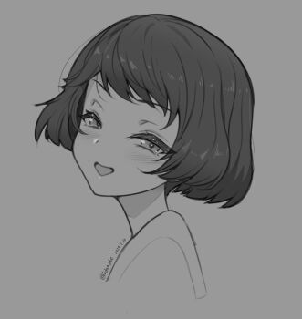 1girl :d artist_name blush bob_cut close-up commentary cropped_torso dated eyelashes from_side girls_und_panzer greyscale head_tilt highres k-dam looking_at_viewer loose_hair_strand monochrome narrowed_eyes open_mouth portrait short_hair signature sketch smile solo swept_bangs turning_head twitter_username utsugi_yuuki