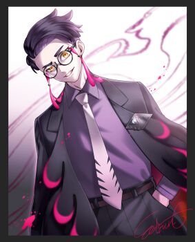 1boy belt black-framed_eyewear black_hair black_jacket black_pants collared_shirt commentary_request corbeau_(pokemon) doll-yasha glasses grin hand_in_pocket highres jacket male_focus necktie nintendo open_clothes open_jacket pants pokemon pokemon_legends:_z-a purple_shirt round_eyewear shirt short_hair signature smile solo teeth yellow_eyes