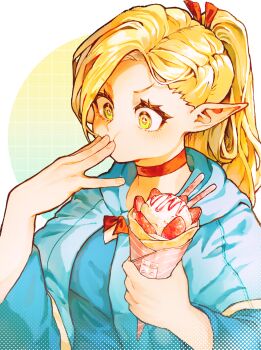 +_+ 1girl absurdres blonde_hair cape choker commentary_request covering_own_mouth crepe dungeon_meshi eating food fruit highres holding holding_crepe holding_food hood hood_down hooded_cape long_hair marcille_donato pointy_ears ponytail solo strawberry upper_body user_tujw2874 yellow_eyes