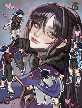 1girl 4boys aqua_eyes arm_at_side arm_behind_back artist_name asymmetrical_bangs black_bodysuit black_bridal_gauntlets black_choker black_gloves black_kimono black_pants black_sandals black_shorts black_sleeves blue_bow blue_cape blue_gem blue_kimono blue_rope blue_sash blue_shorts blue_sleeves blunt_bangs blunt_ends bodysuit bow breasts bridal_gauntlets cape capelet choker cleavage closed_mouth clothing_cutout commentary crossed_arms detached_sleeves enerochinarts english_commentary facing_another floral_print_veil fur_capelet furisode gem genshin_impact geta gloves gold gold_trim hair_between_eyes hakama hakama_shorts hand_on_own_arm hand_on_own_chin hand_up head_down heart hetero highres hip_vent index_finger_raised japanese_clothes jewelry juban kariginu kimono kuronushi_(genshin_impact) layered_shorts layered_sleeves leg_warmers leotard long_hair looking_at_another looking_at_viewer male_harem mandarin_collar medium_breasts mitsudomoe_(shape) mona_(genshin_impact) multiple_boys multiple_persona neck_ring o-ring on_one_knee open_clothes open_hand open_kimono outline outstretched_arms pants parted_lips pleated_shorts pom_pom_(clothes) purple_capelet purple_eyes purple_hair purple_leotard purple_rope purple_sash purple_sleeves purple_veil red_kimono red_lips red_sash ribbon-trimmed_sleeves ribbon_trim rope sandals sash scaramouche_(genshin_impact) scaramouche_(kabukimono)_(genshin_impact) see-through_clothes see-through_veil shimenawa short_sleeves shorts side_cape side_cutout sidelocks sideways_mouth simple_background single_sode smile spread_arms standing star_(symbol) star_choker stirrup_legwear string swept_bangs tassel toeless_legwear tomoe_(symbol) tsurime twintails veil vision_(genshin_impact) wanderer_(genshin_impact) white_kimono white_leg_warmers white_mouth white_outline white_pants white_rope white_sleeves wide_sleeves zouri