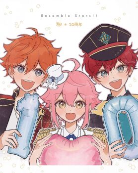 3boys ahoge akehoshi_subaru amagi_hiiro balloon blue_eyes cowboy_shot ensemble_stars! green_eyes hair_between_eyes hat heart_balloon highres himemiya_tori holding holding_balloon jacket looking_at_viewer male_focus mini_hat mini_top_hat multiple_boys number_balloon open_clothes open_jacket open_mouth orange_hair peaked_cap pink_hair red_hair simple_background smile teeth top_hat upper_body upper_teeth_only white_background zii72u
