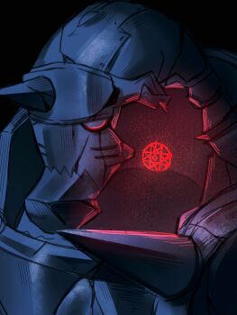 1boy alphonse_elric armor bbbbb_00 black_background breastplate full_armor fullmetal_alchemist glowing_markings hashtag-only_commentary helm helmet highres hollow_body horns male_focus plate_armor shoulder_spikes single_horn solo spikes upper_body white_eyes