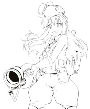 Rule 34 | 1girl, bare shoulders, cosplay, explosive, female focus, flamethrower, gas mask, gloves, grin, holding, holding flamethrower, holding weapon, long hair, mask, monochrome, oxygen tank, pyro (tf2), smile, solo, team fortress 2, the pyro (cosplay), toshinou kyouko, unfinished, weapon, youkan, yuruyuri