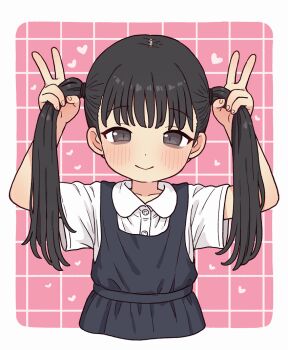 1girl bags_under_eyes black_hair blush bunching_hair commentary_request double_v dress heart holding long_hair looking_at_viewer onyhakase pinafore_dress shirt short_sleeves sleeveless sleeveless_dress smile solo twintails upper_body v white_shirt