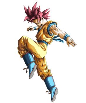 1boy absurdres blue_boots blue_sash blue_shirt blue_wrist_cuffs boots dougi dragon_ball dragon_ball_super full_body highres male_focus medium_hair muscular muscular_male nazunnio1225 orange_pants orange_shirt pants red_eyes red_hair sash shirt simple_background solo son_goku spiked_hair super_saiyan super_saiyan_god white_background wrist_cuffs