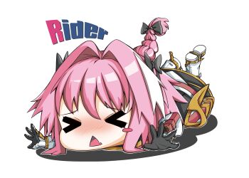>_< 1boy androgynous armored_skirt astolfo_(fate) astolfo_(rider)_(fate) black_bow blush_stickers boots bow braid commentary_request deformed fang fate/apocrypha fate/grand_order fate_(series) gauntlets hair_bow hair_intakes highres ingaritsu72 long_hair male_focus multicolored_hair multiple_hair_bows open_mouth pink_hair riding_boots simple_background single_blush_sticker single_braid skin_fang smile solo spurs streaked_hair white_background white_boots white_hair