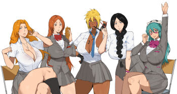 5girls alternate_costume arrancar black_hair bleach blonde_hair braid braided_ponytail bread breast_tattoo breasts brown_eyes chain chain_necklace chair colored_eyelashes crossed_legs dark-skinned_female dark_skin dr_octojuice eating espada facial_mark female_focus food green_eyes green_hair highres holding holding_pen inoue_orihime jewelry karakura_high_school_uniform large_breasts long_hair mask mask_on_head matsumoto_rangiku mature_female medium_hair mole mole_under_mouth multiple_girls necklace nelliel_tu_odelschwanck number_tattoo orange_hair pen raising_hand simple_background skull_on_head tattoo tier_harribel unohana_retsu white_background