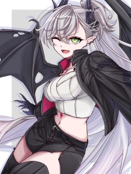 1girl black_hands black_jacket black_thighhighs body_markings breasts choker colored_extremities commentary_request crossed_bangs demon_girl demon_horns demon_wings ear_piercing fate/grand_order fate_(series) green_eyes grey_hair hair_between_eyes high_ponytail highres horns jacket kawairuka_ko large_breasts lilith_(fate) lilith_(over_the_same_sky)_(fate) long_hair long_sleeves navel one_eye_closed open_mouth piercing pointy_ears ponytail shirt smile solo thighhighs thighs very_long_hair white_shirt wings