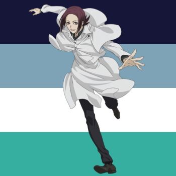 Rule 34 | 1girl, black shirt, brown eyes, brown hair, female focus, full body, happy, higemaru touma, jacket, long hair, multicolored background, shirt, tokyo ghoul, white jacket