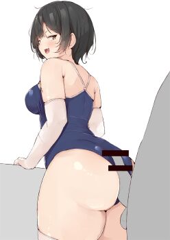 1boy 1girl ass back between_buttocks black_hair blue_one-piece_swimsuit blush breasts brown_eyes buttjob buttjob_over_clothes censored colored_skin elbow_gloves erection faceless faceless_male fang from_behind frottage gloves gluteal_fold grey_skin hetero huge_ass looking_back medium_breasts one-piece_swimsuit open_mouth original penis rubbing shinonon_(iso_shino) short_hair skin_fang smile smug standing swimsuit thick_thighs thighhighs thighs white_background white_gloves white_thighhighs
