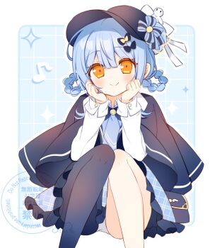 1girl asymmetrical_legwear bird_hat_ornament black_bag black_capelet black_hat black_pantyhose blue_hair blue_necktie blue_skirt braid braided_hair_rings capelet commentary_request deerstalker eighth_note frilled_skirt frills hair_rings hand_on_own_face hat highres looking_at_another looking_at_viewer mahou_shoujo_no_majo_saiban musical_note necktie orange_eyes panties pantyhose pantyshot plaid_clothes plaid_skirt shikito_(yawa0w0) short_hair single_leg_pantyhose sitting skirt smile solo tachibana_sherry two-tone_background underwear watermark white_panties